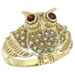 9K Yellow Gold Garnet and Pearl Cluster Vintage Style Owl Ring