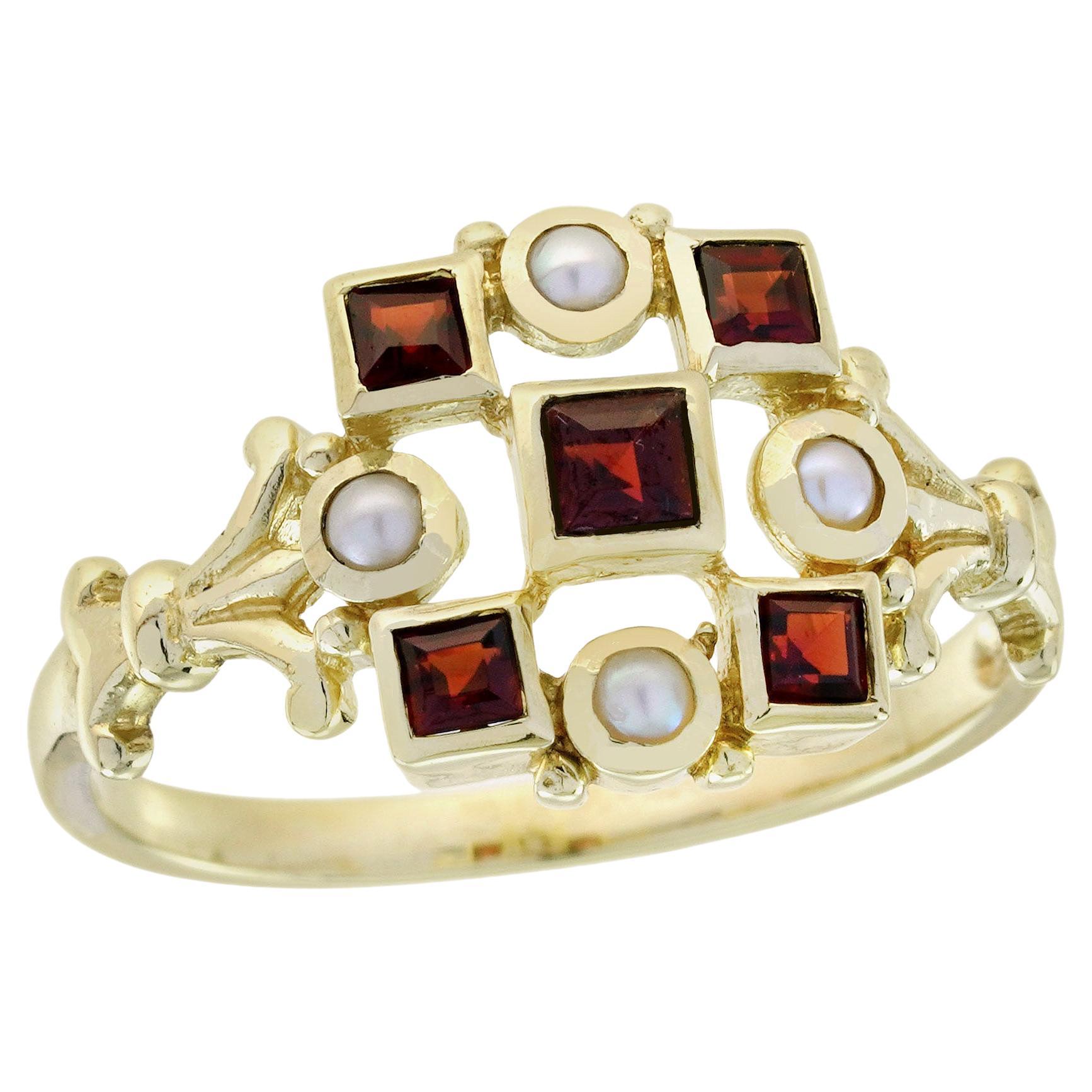 Anello a grappolo in oro giallo 9K con granato e perle in stile vintage