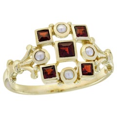 9K Yellow Gold Garnet and Pearl Vintage Style Cluster Ring