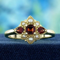 9K Yellow Gold Garnet and Pearl Vintage Style Floral Cluster Ring