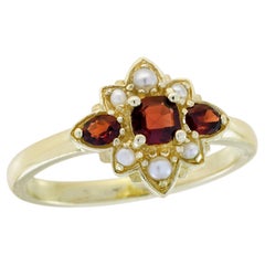 9K Yellow Gold Garnet and Pearl Vintage Style Floral Cluster Ring