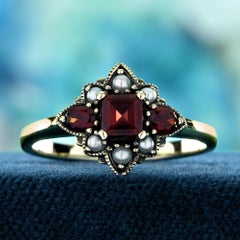 9K Yellow Gold Garnet and Pearl Vintage Style Floral Ring