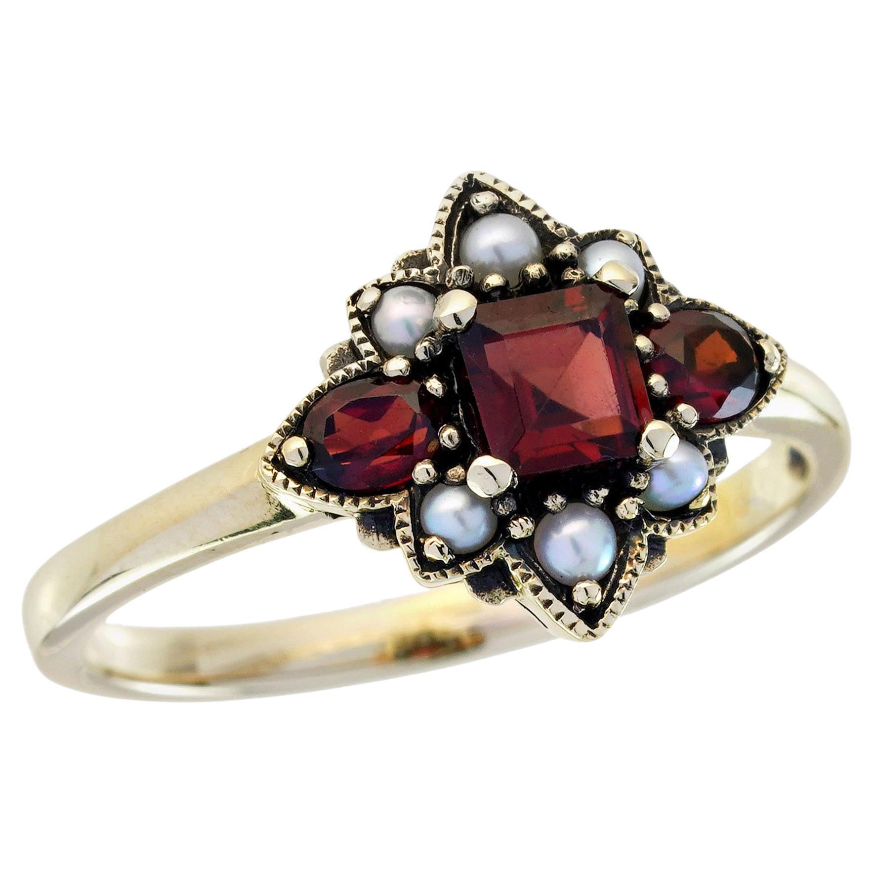 9K Gelbgold Granat und Perle Vintage Style Floral Ring