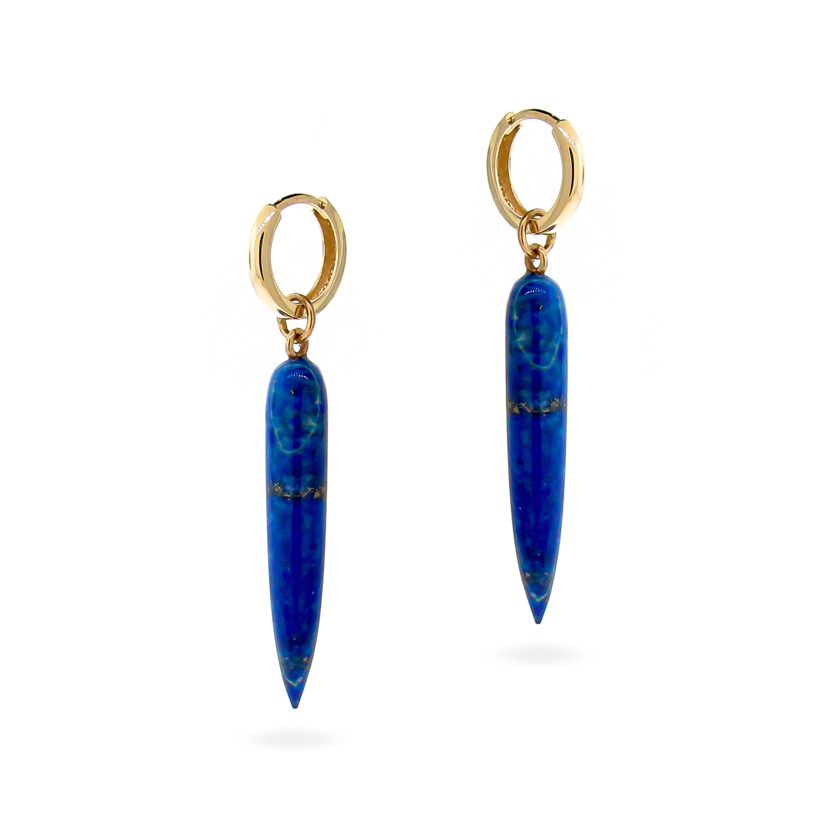 Uncut 9k Yellow Gold Lapis Lazuli Spike Huggie Drop Earrings