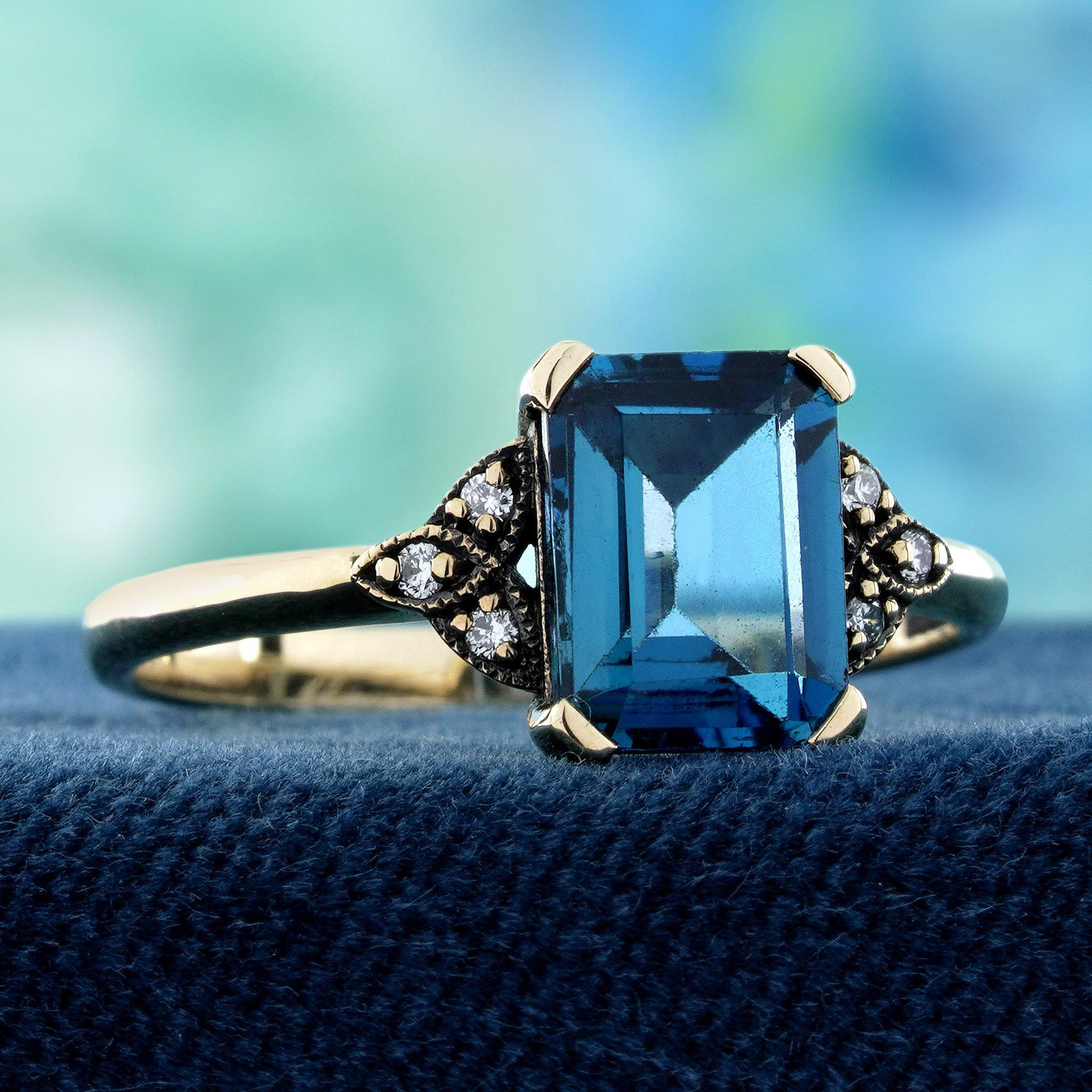 Edoardiano Anello in oro giallo 9K con topazio blu di Londra e diamanti in stile vintage in vendita