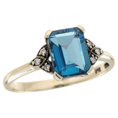9K Yellow Gold London Blue Topaz and Diamond Vintage Style Ring