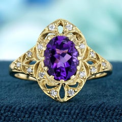 9K Yellow Gold Natural Amethyst and Diamond Vintage Style Cocktail Ring