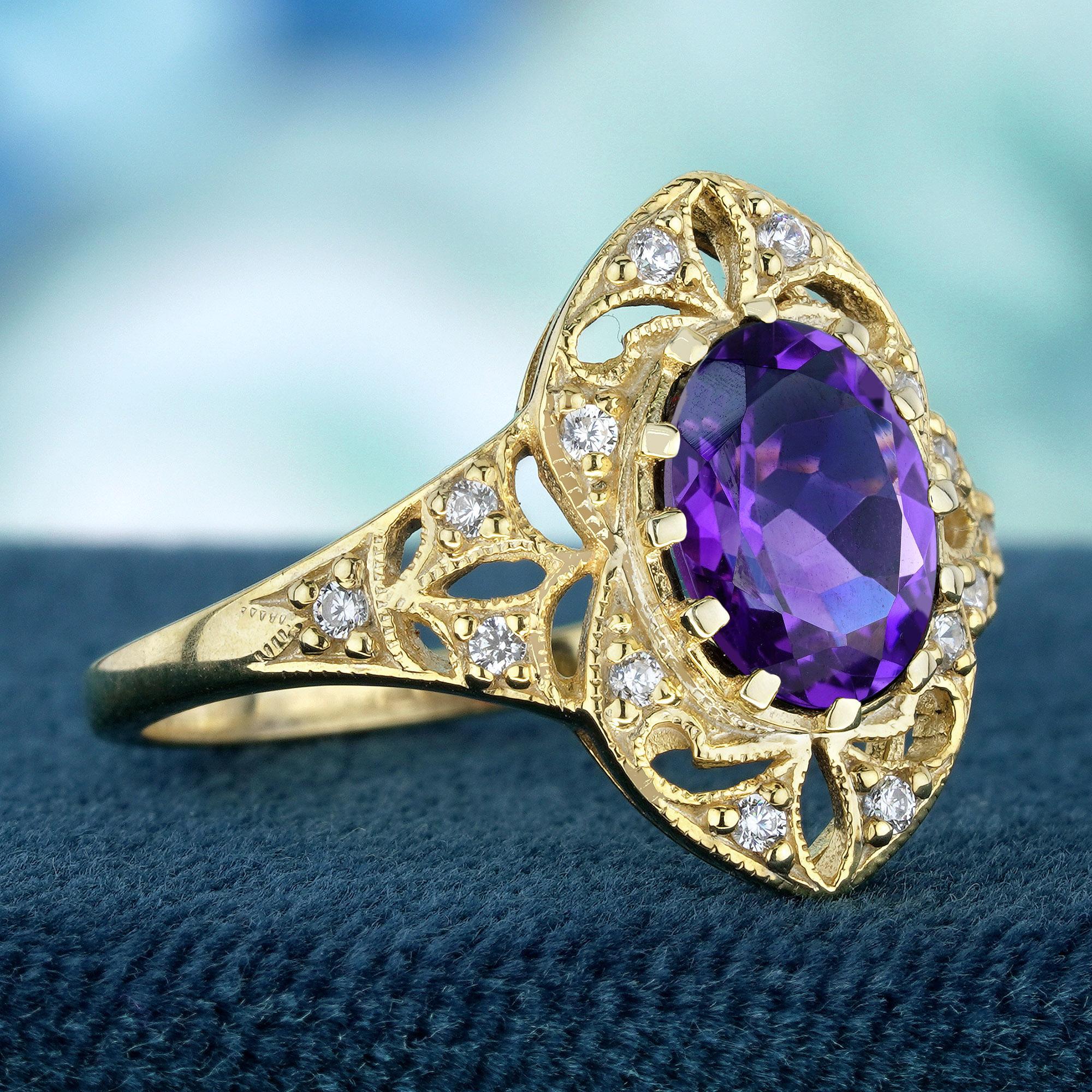 Édouardien Bague de cocktail en or jaune 9K, améthyste naturelle et diamant, style vintage en vente