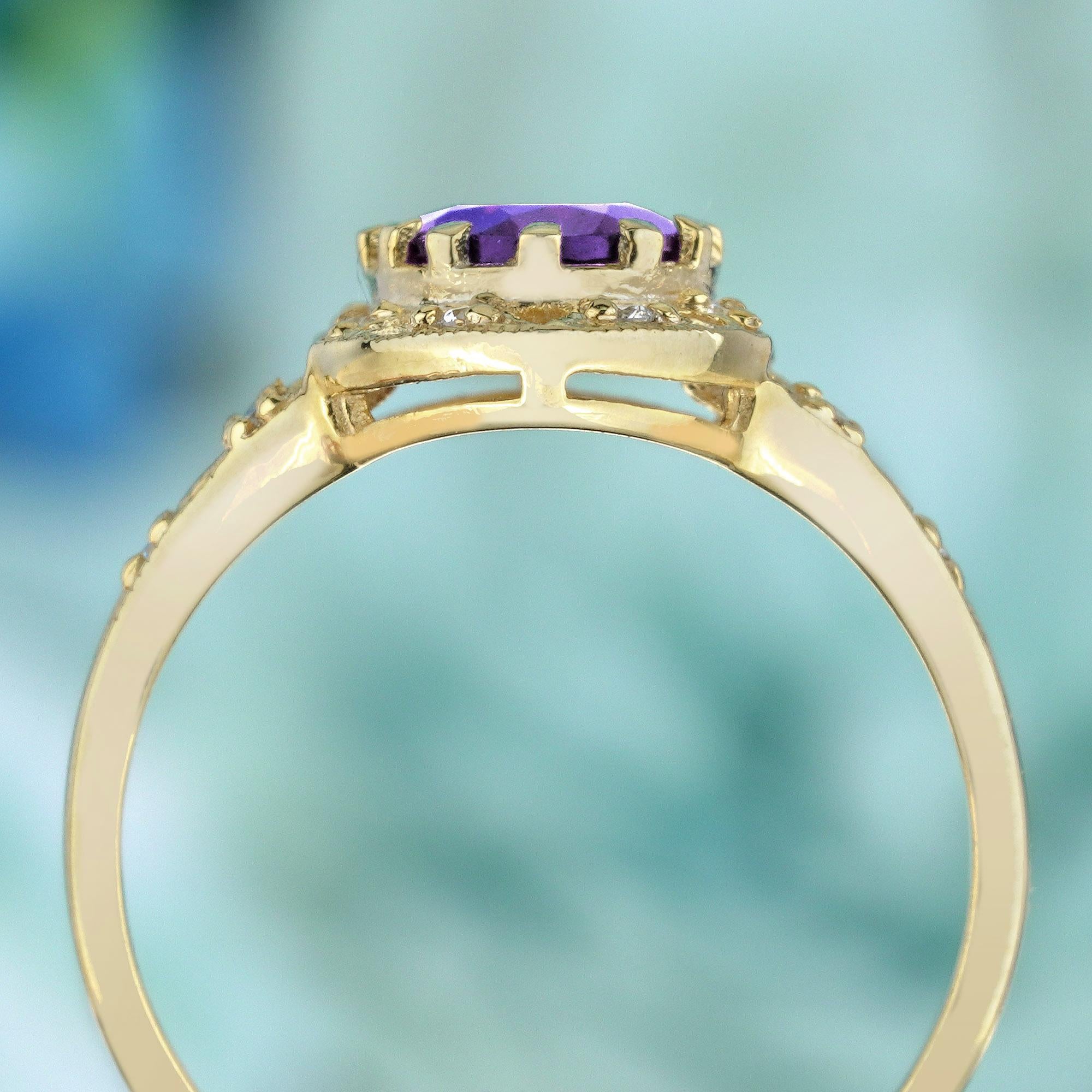 Bague de cocktail en or jaune 9K, améthyste naturelle et diamant, style vintage Neuf - En vente à Bangkok, TH