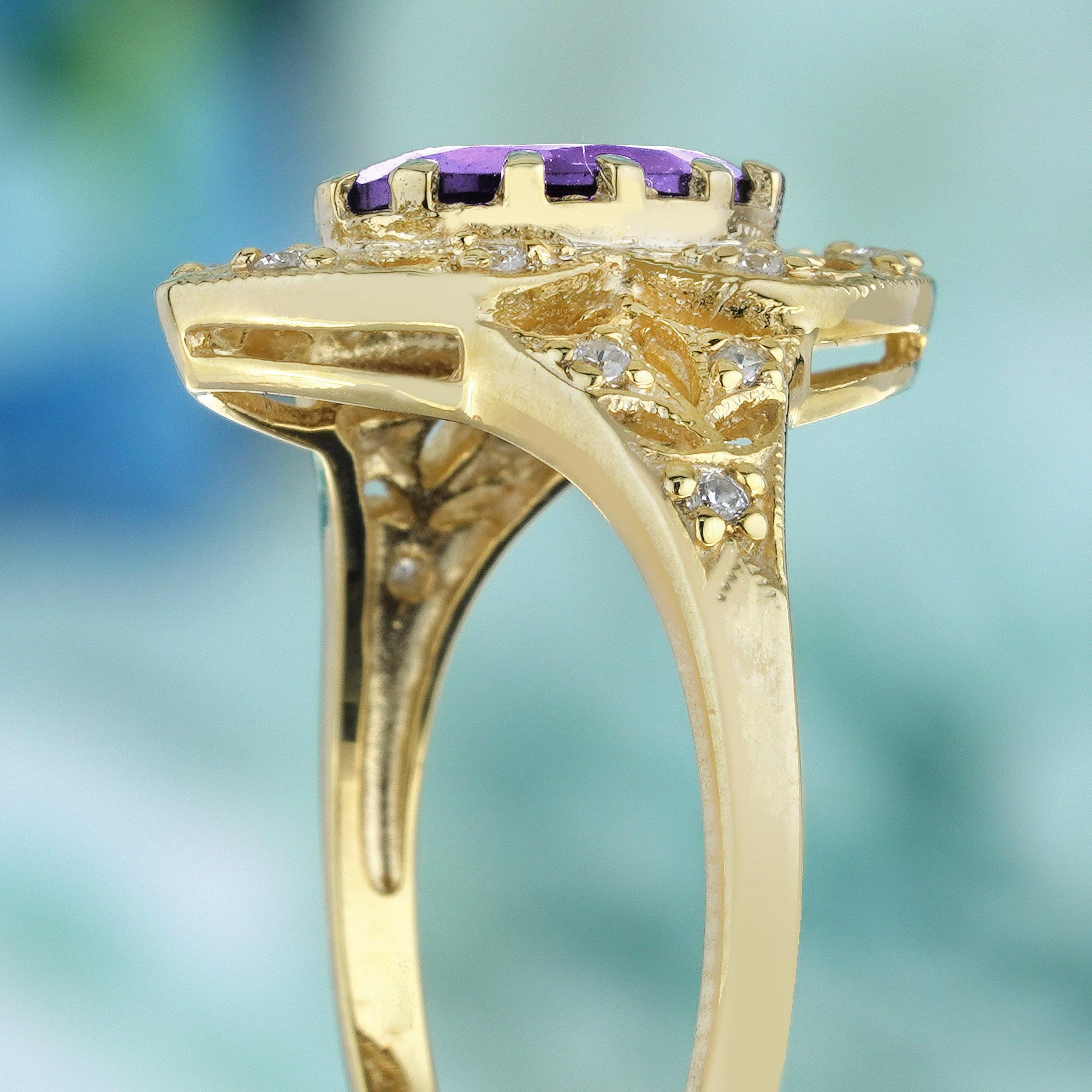 Bague de cocktail en or jaune 9K, améthyste naturelle et diamant, style vintage Pour femmes en vente