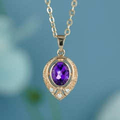 9K Yellow Gold Natural Amethyst and Diamond Vintage Style Drop Shape Pendant