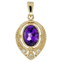 9K Yellow Gold Natural Amethyst and Diamond Vintage Style Drop Shape Pendant