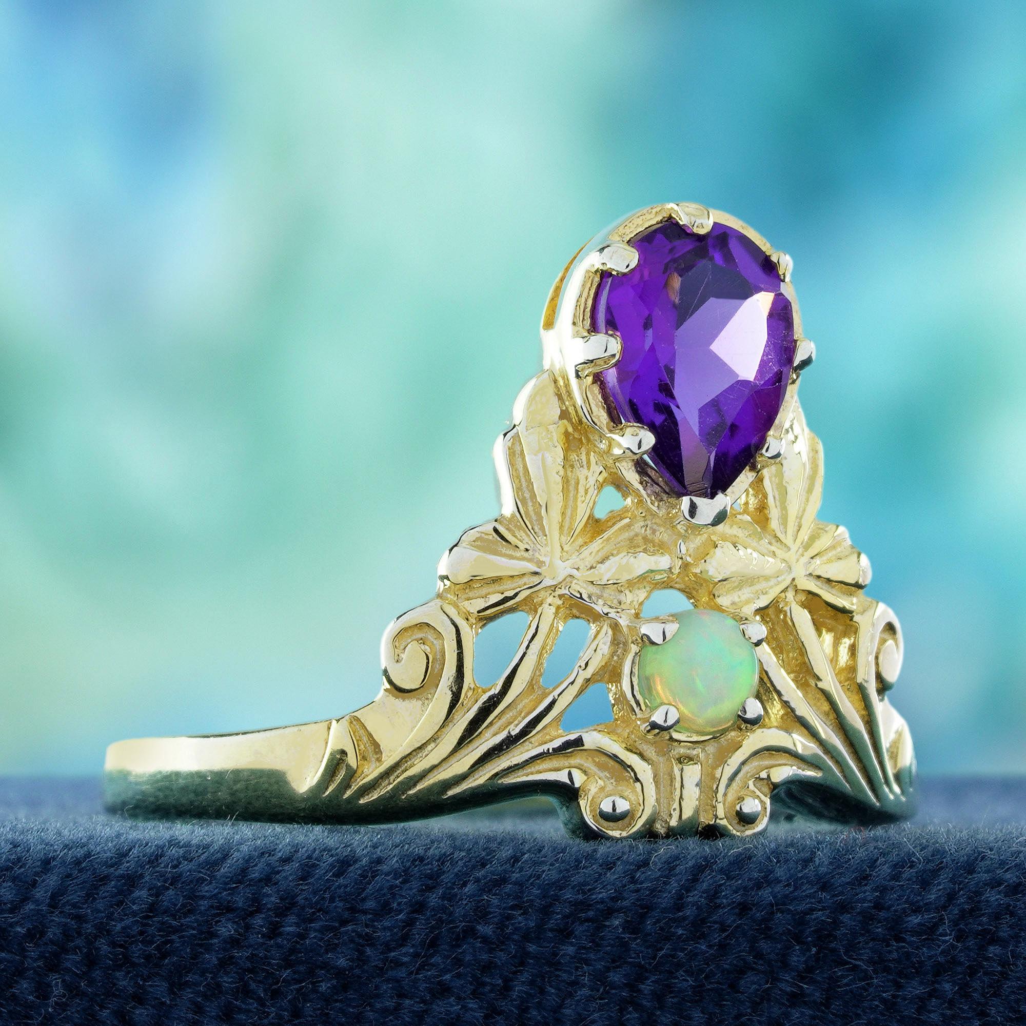 Édouardien Bague de cocktail en or jaune 9K avec améthyste naturelle et opale de style vintage en vente