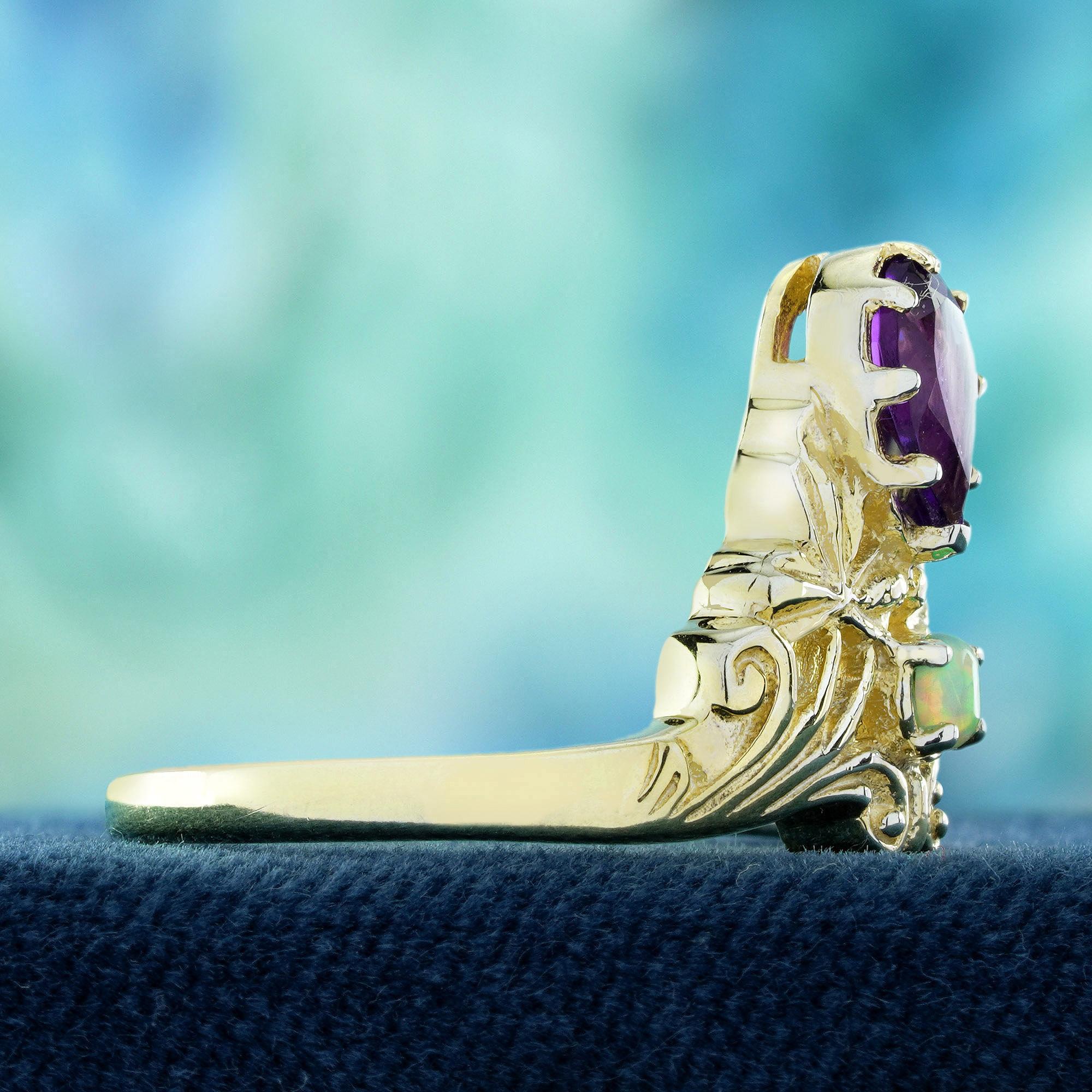Taille poire Bague de cocktail en or jaune 9K avec améthyste naturelle et opale de style vintage en vente