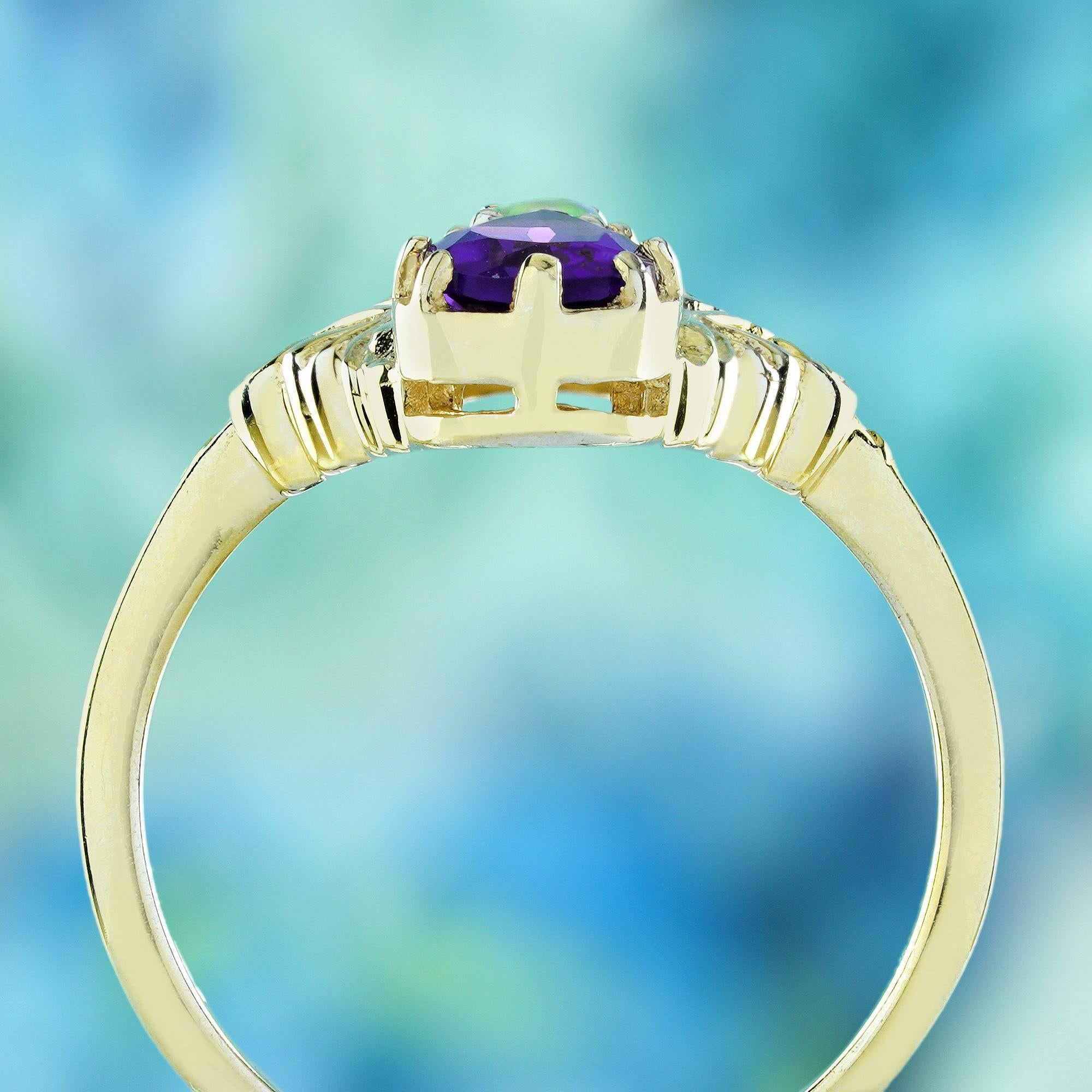 Bague de cocktail en or jaune 9K avec améthyste naturelle et opale de style vintage Neuf - En vente à Bangkok, TH