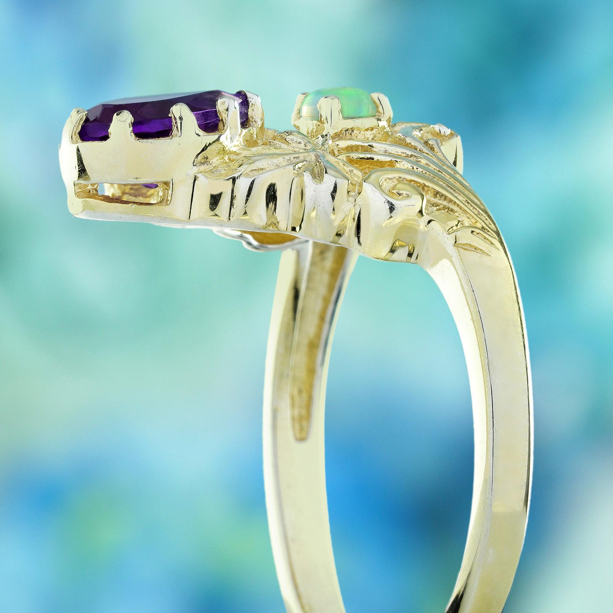 Bague de cocktail en or jaune 9K avec améthyste naturelle et opale de style vintage Pour femmes en vente