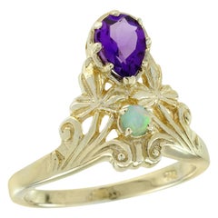 9K Gelbgold Natürlicher Amethyst und Opal Vintage Style Cocktail Ring