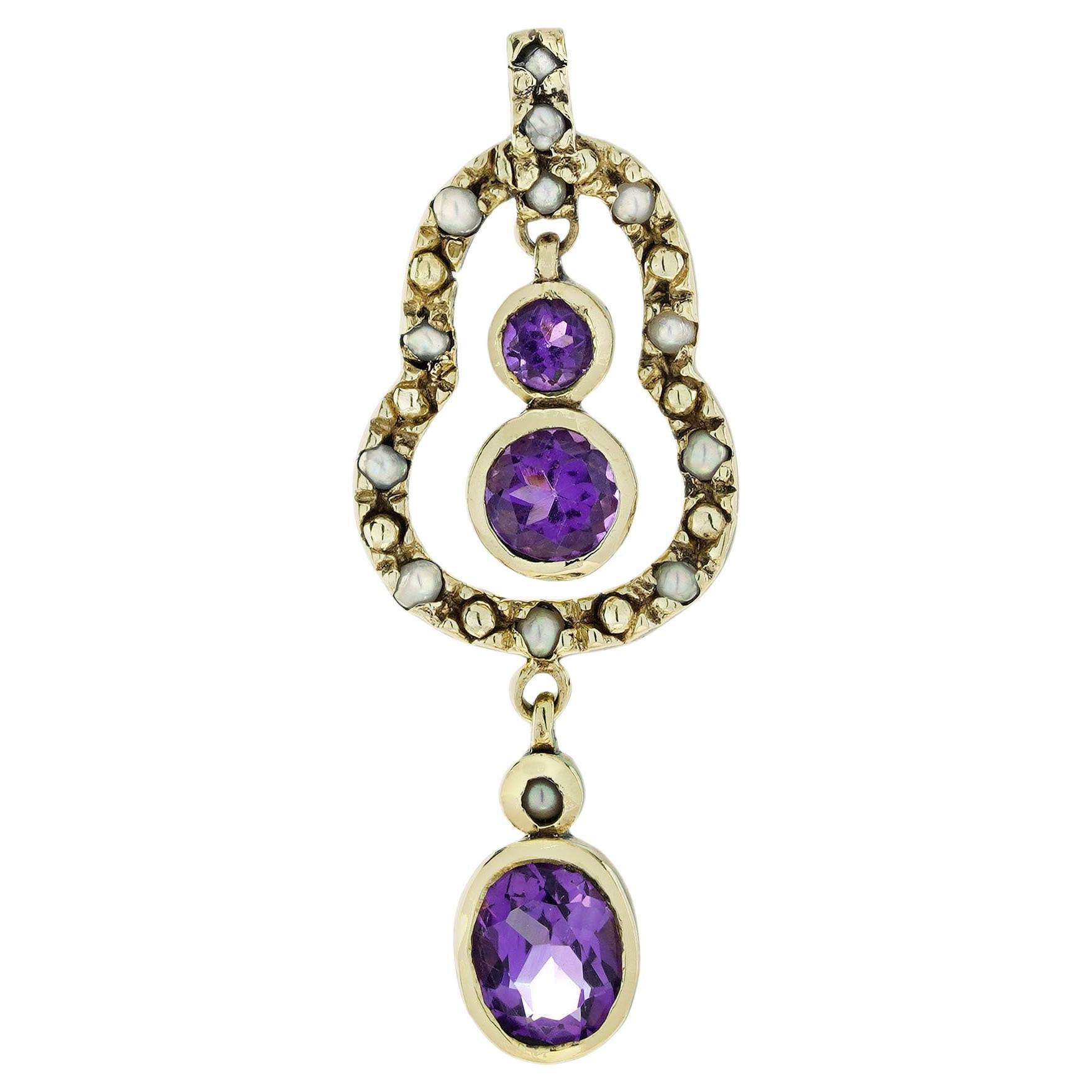 Colgante estilo vintage de amatista natural y perla en oro amarillo de 9 quilates en venta