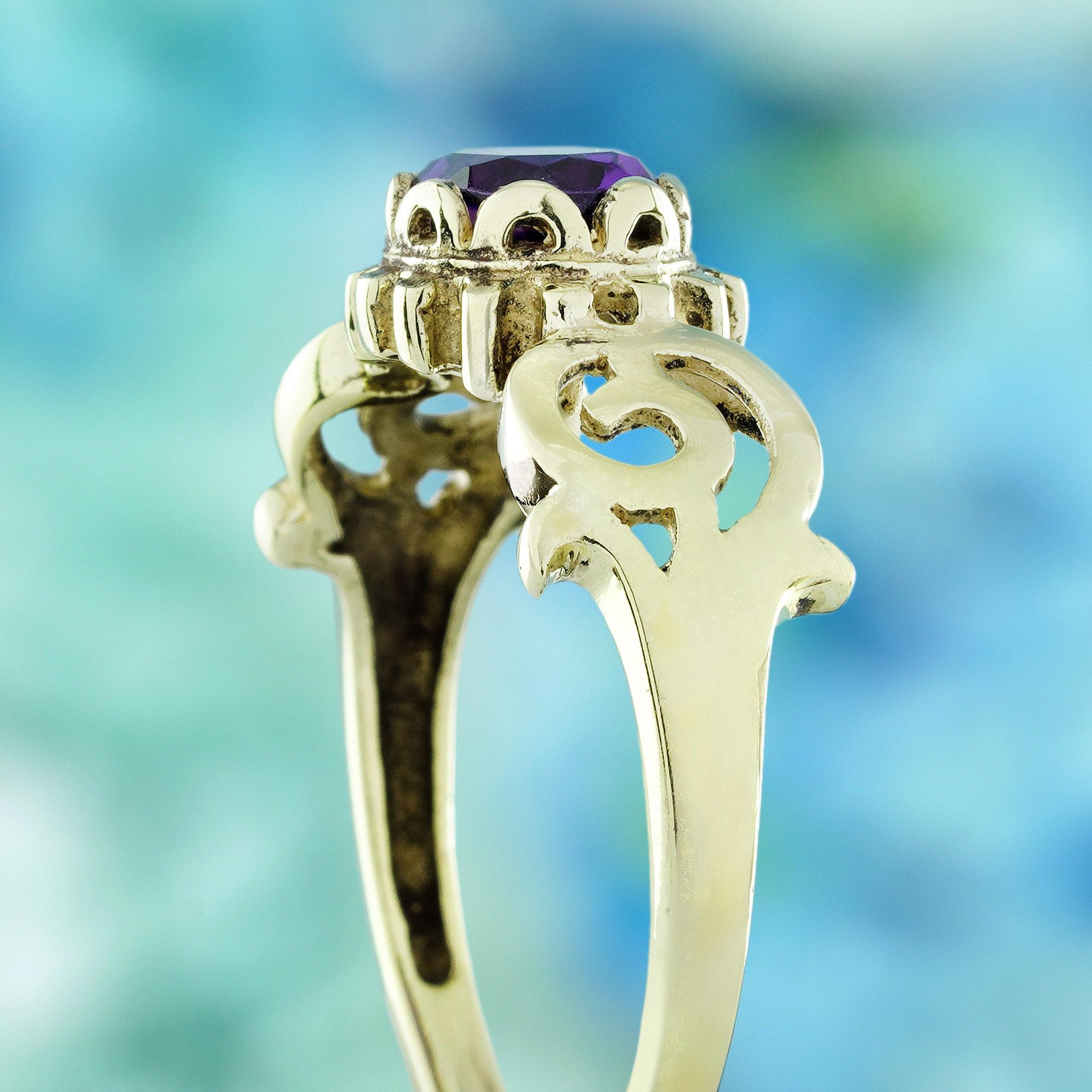 Bague en or jaune 9K avec améthyste naturelle, style vintage, tige incurvée Pour femmes en vente