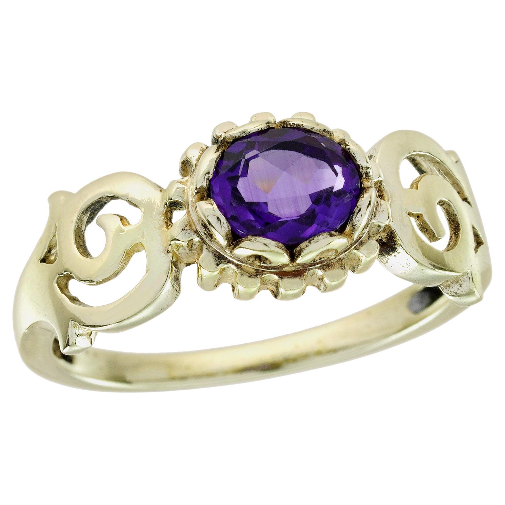 Anello con gambo curvo in stile vintage con ametista naturale in oro giallo 9K