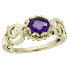 Bague en or jaune 9K avec améthyste naturelle, style vintage, tige incurvée