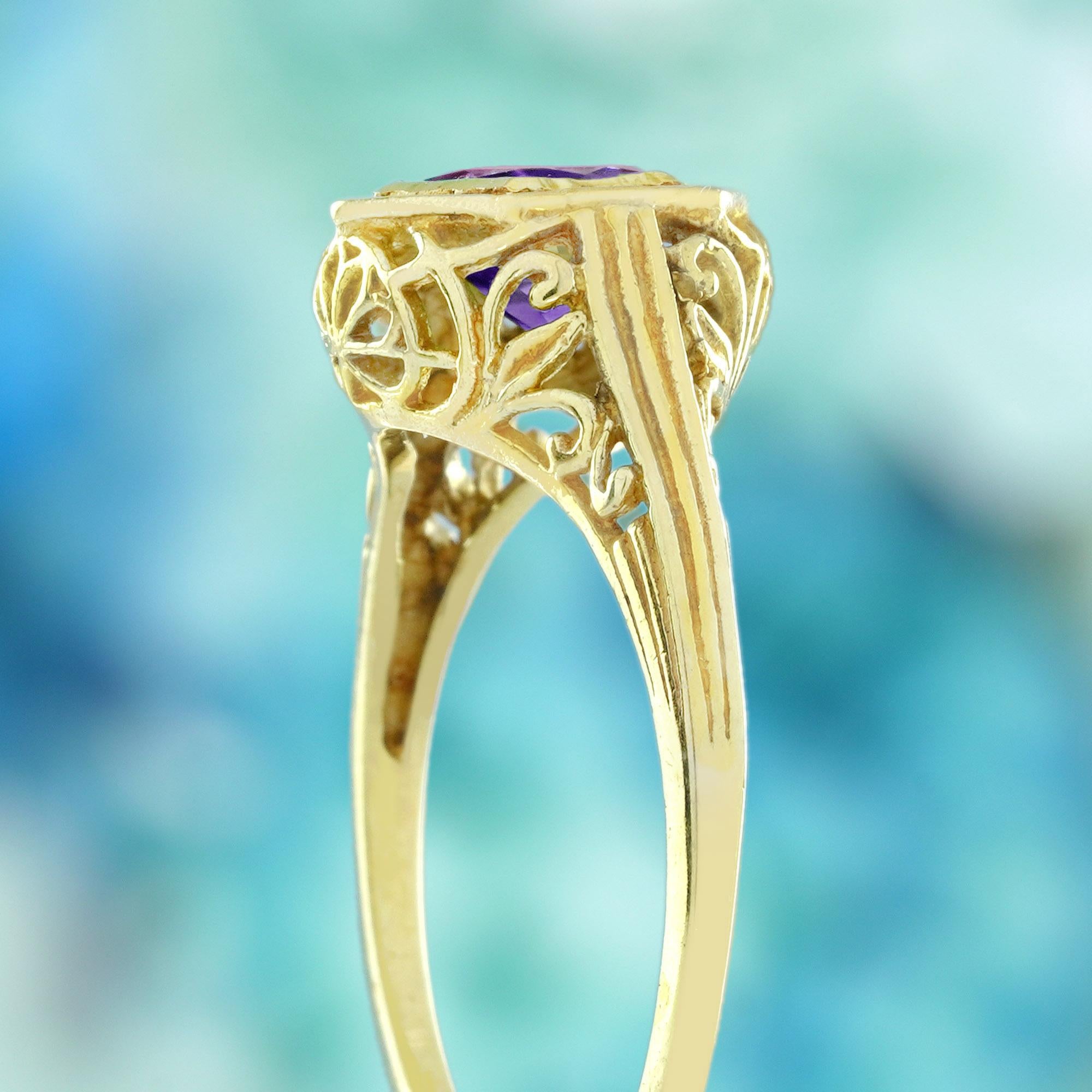 Bague en or jaune 9K avec filigrane en améthyste naturelle de style vintage Pour femmes en vente