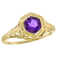 9K Yellow Gold Natural Amethyst Vintage Style Filigree Ring