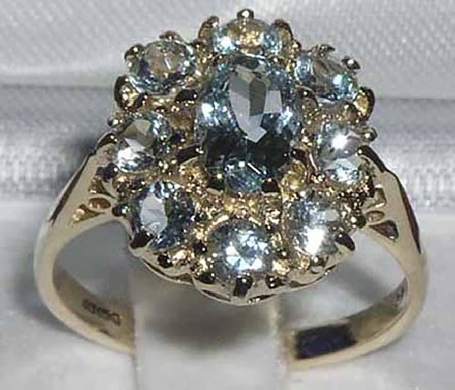 For Sale:  9K Yellow Gold Natural Aquamarine Engagement Cluster Ring 2