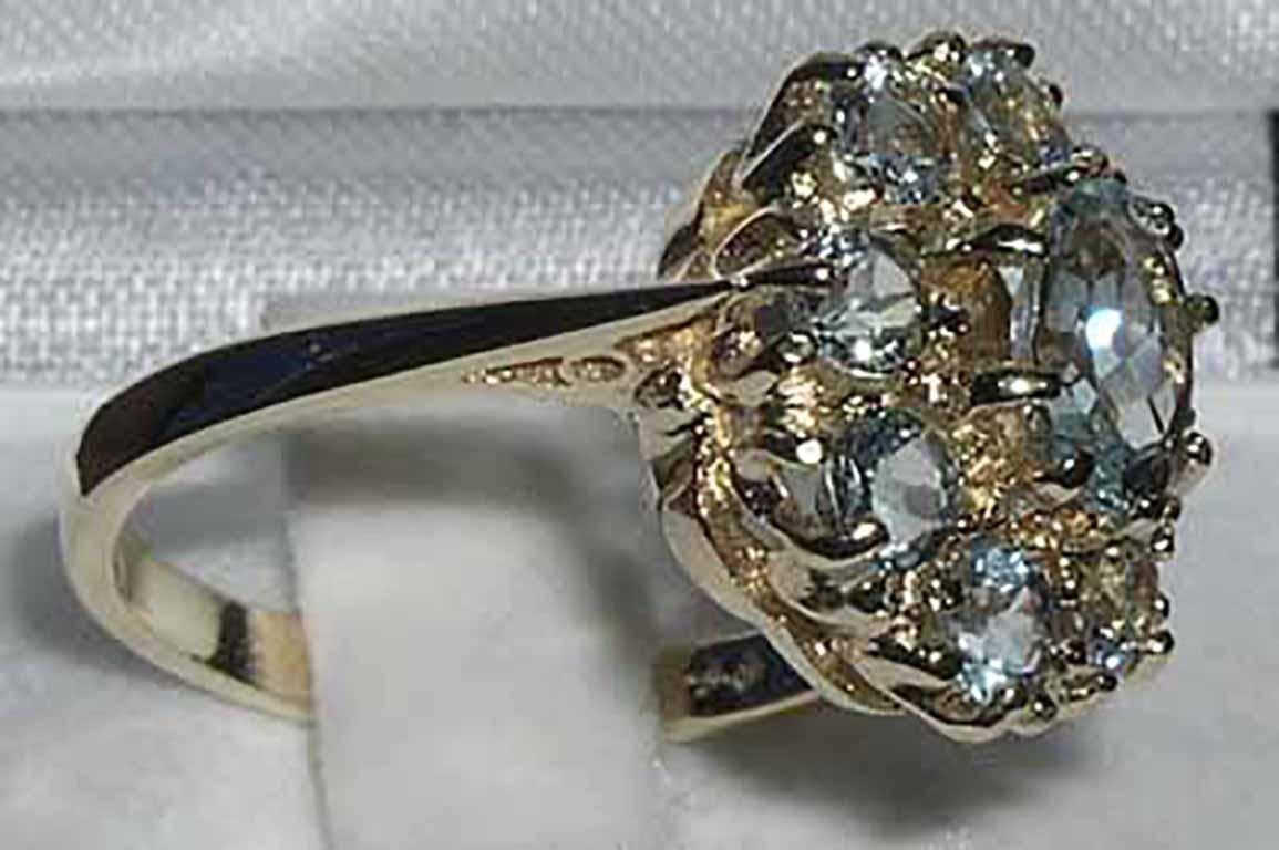 For Sale:  9K Yellow Gold Natural Aquamarine Engagement Cluster Ring 3