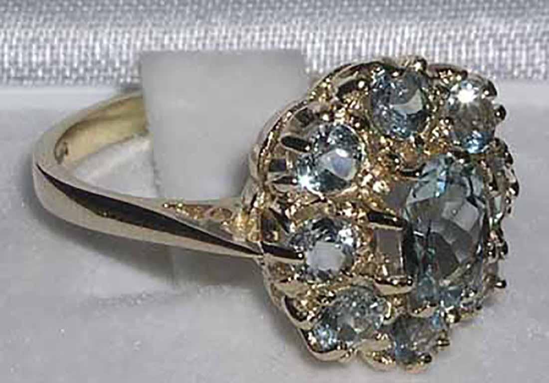 For Sale:  9K Yellow Gold Natural Aquamarine Engagement Cluster Ring 4