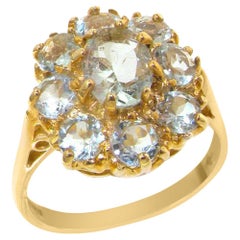 Vintage 9K Yellow Gold Natural Aquamarine Engagement Cluster Ring