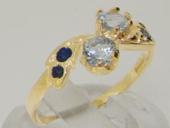 9K Yellow Gold Natural Aquamarine & Sapphire Dainty Promise Ring Customizable