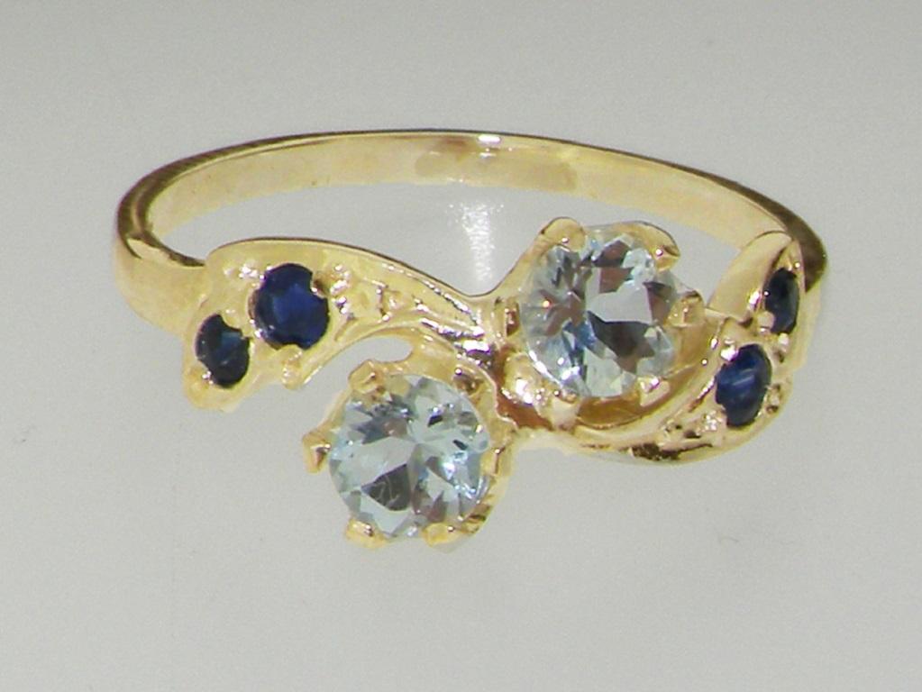 For Sale:  9K Yellow Gold Natural Aquamarine & Sapphire Dainty Promise Ring Customizable 6
