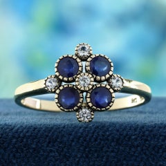 9K Yellow Gold Vintage Style Cluster Ring with Blue & White Sapphires