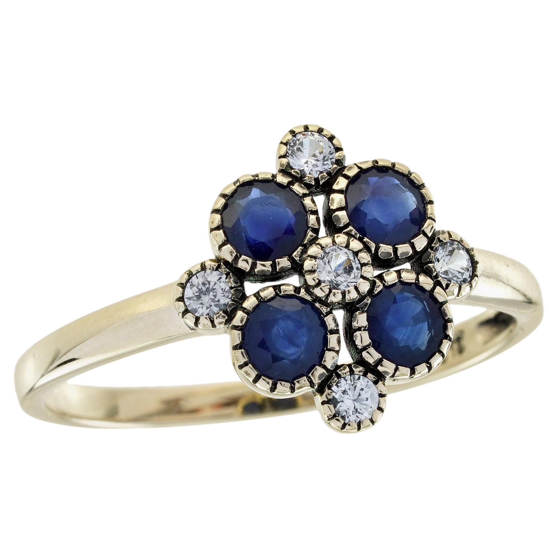 9K Gelbgold Natürlicher Blauer und Weißer Saphir Vintage Style Cluster Ring
