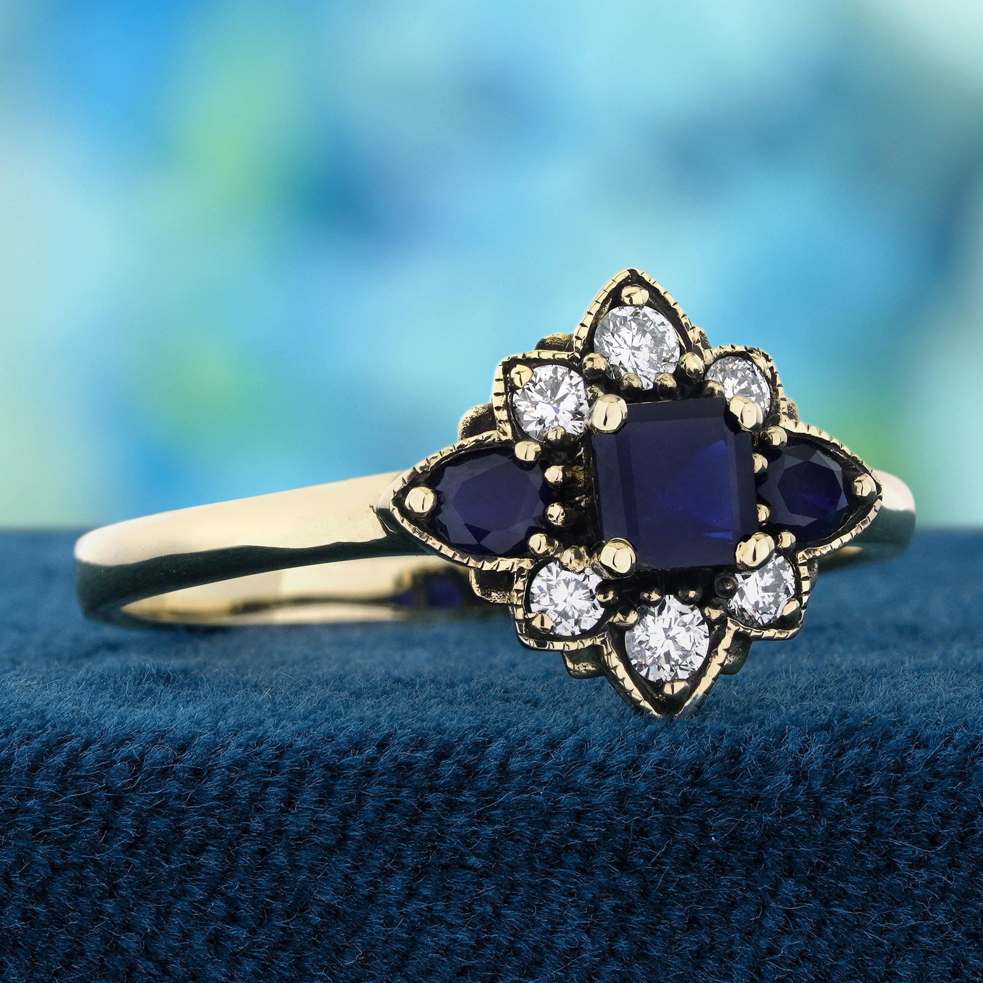 9K Gelbgold Natürlicher Blauer Saphir und Diamant Vintage Style Blumenring (Edwardian) im Angebot