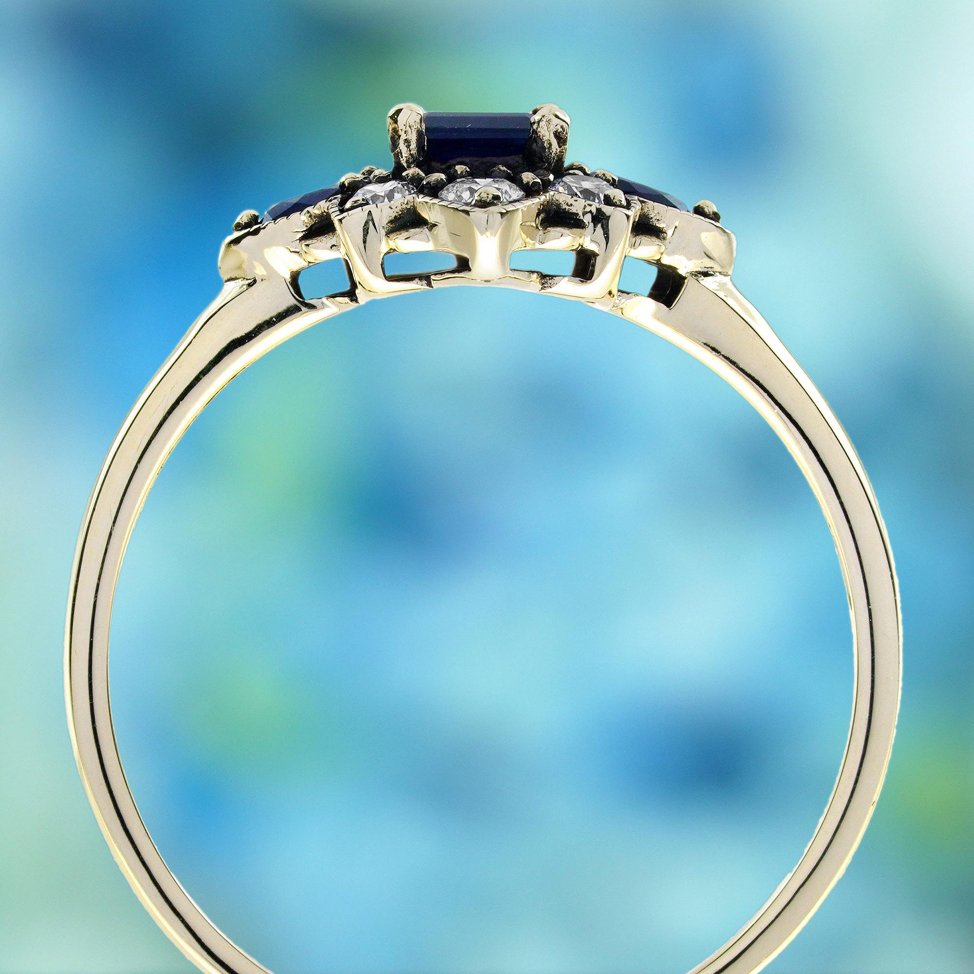 9K Gelbgold Natürlicher Blauer Saphir und Diamant Vintage Style Blumenring im Zustand „Neu“ im Angebot in Bangkok, TH