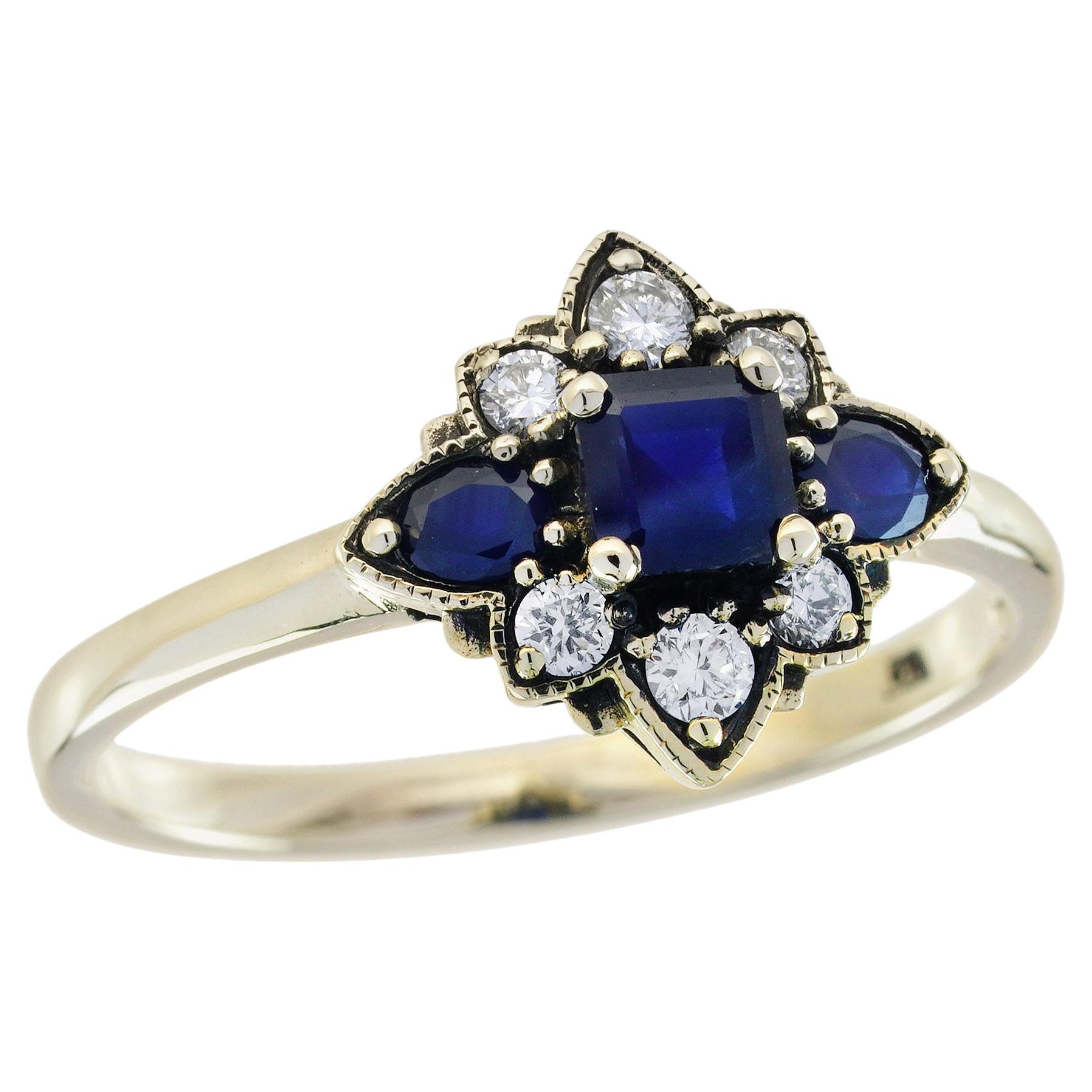 9K Yellow Gold Natural Blue Sapphire and Diamond Vintage Style Floral Ring For Sale