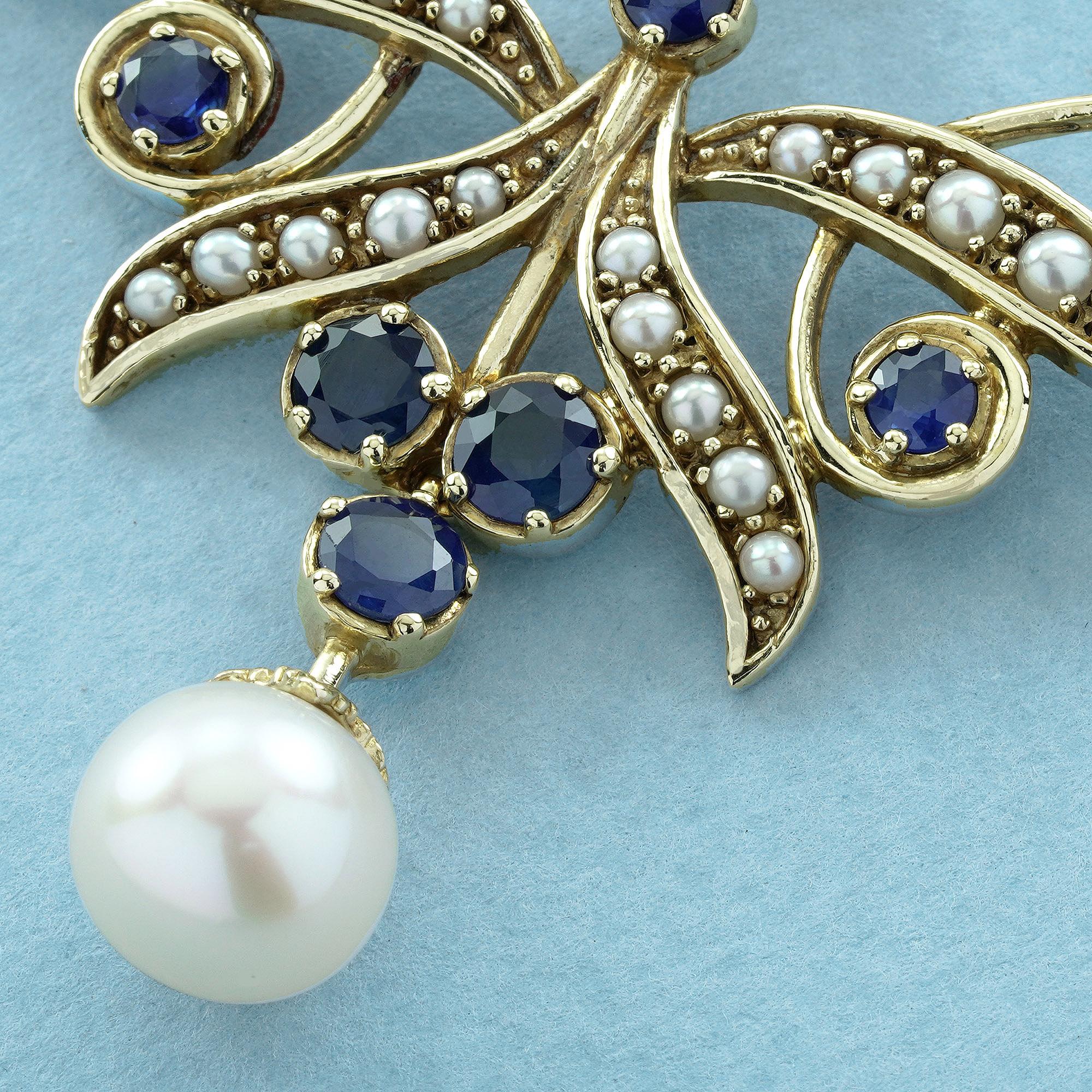 Collier en or jaune 9K avec perles et saphirs bleus naturels et nœuds de ruban de style vintage Pour femmes en vente
