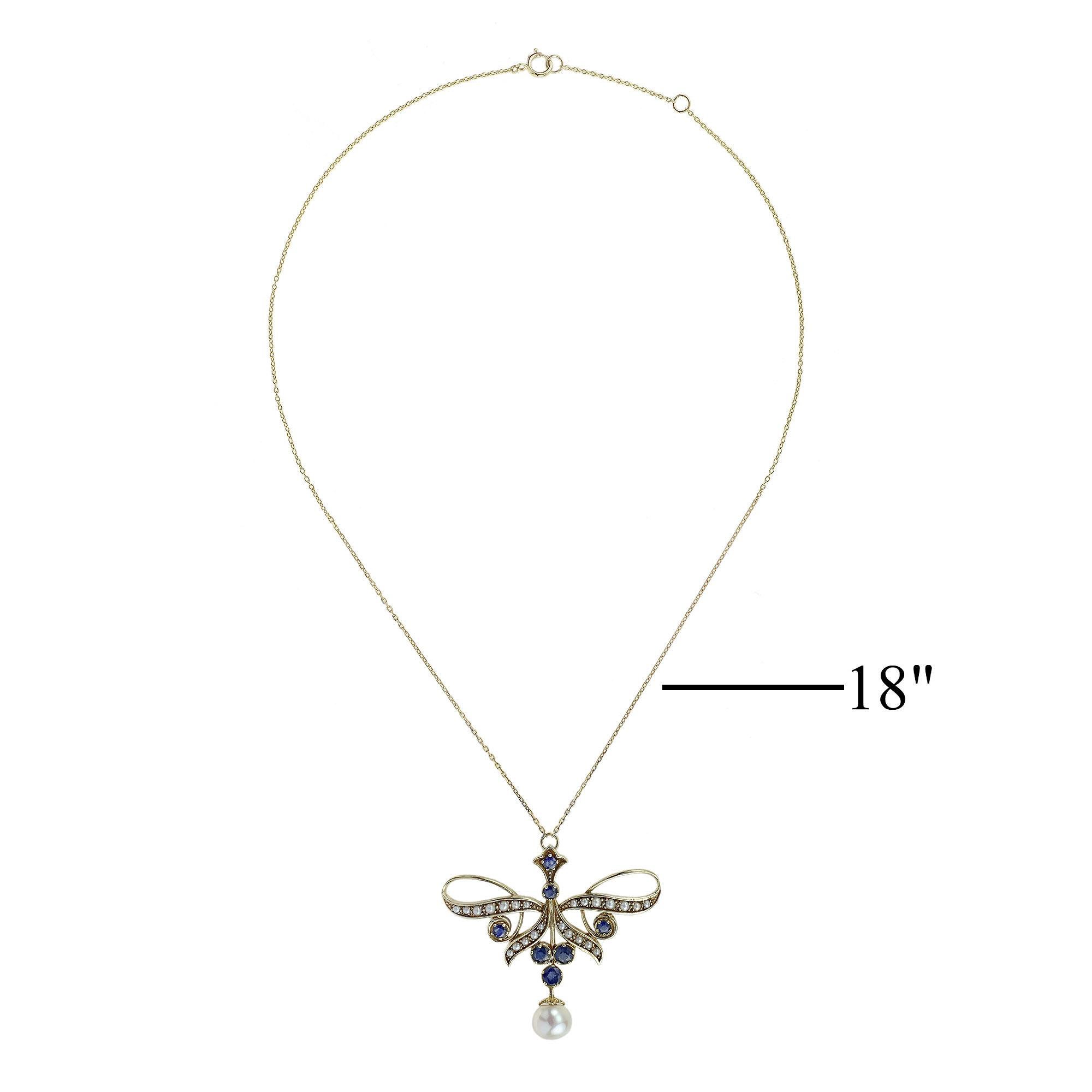 Ce collier à ruban de style vintage en saphir bleu naturel et perles est une expression gracieuse de l'élégance intemporelle. Au sommet, un saphir bleu rond serti étincelle, suivi d'un autre saphir assorti qui ajoute de la profondeur et de la