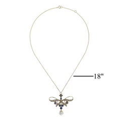 9K Yellow Gold Natural Blue Sapphire Pearl Vintage Style Ribbon Bow Necklace