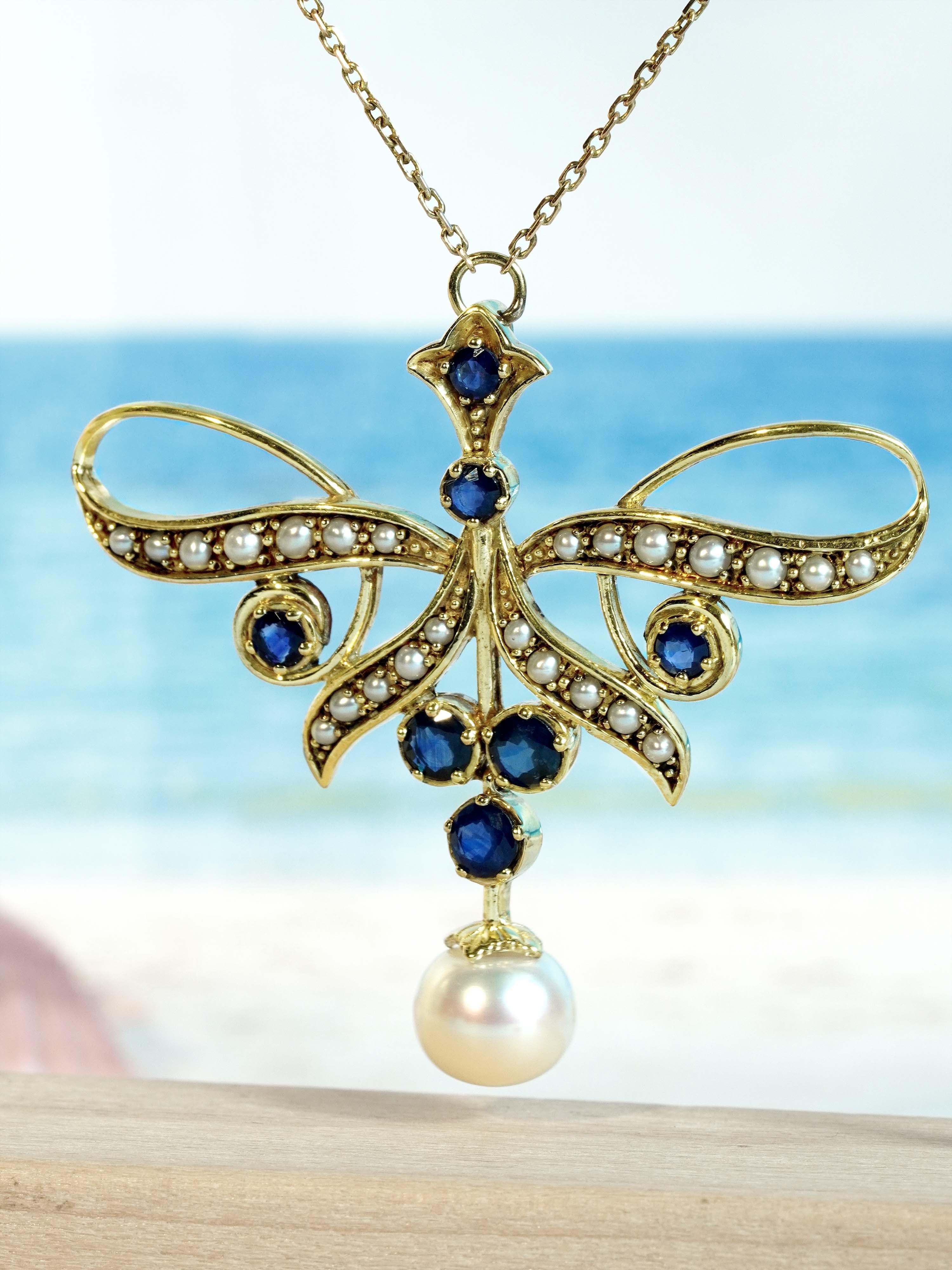 Victorien Collier en or jaune 9K avec perles et saphirs bleus naturels et nœuds de ruban de style vintage en vente