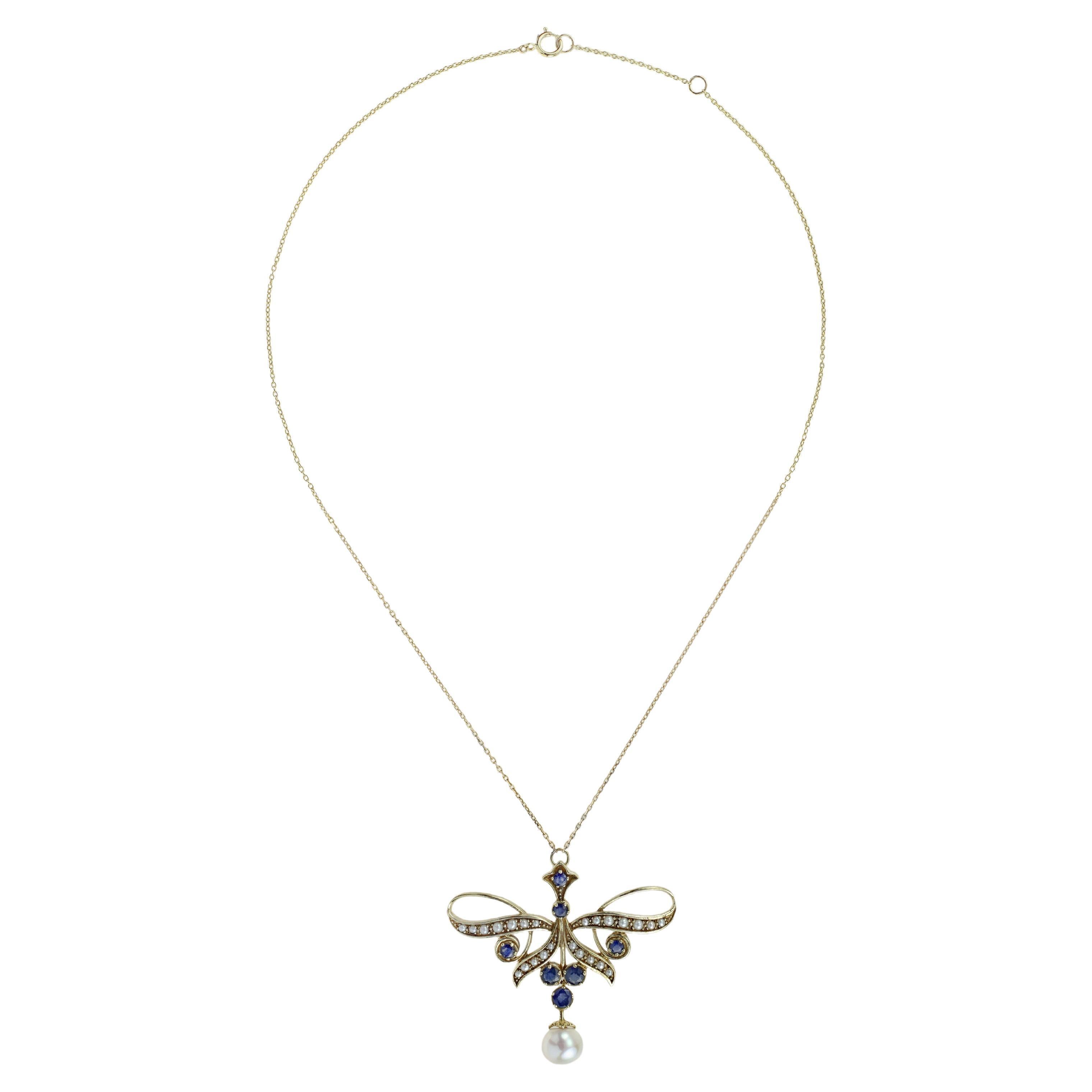 Collier en or jaune 9K avec perles et saphirs bleus naturels et nœuds de ruban de style vintage en vente
