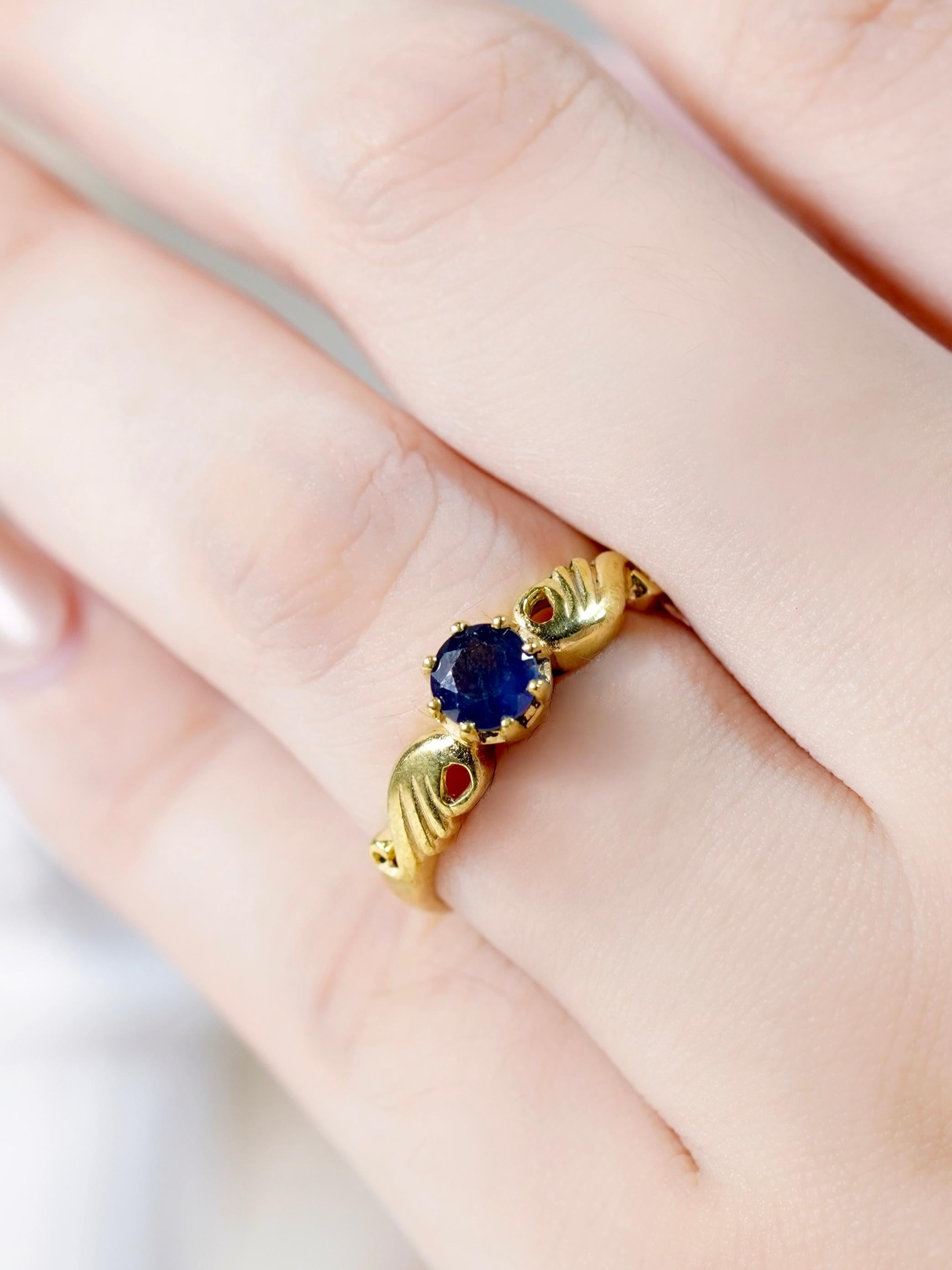 Anello solitario con curva in stile vintage con zaffiro blu naturale in oro giallo 9K in vendita 4