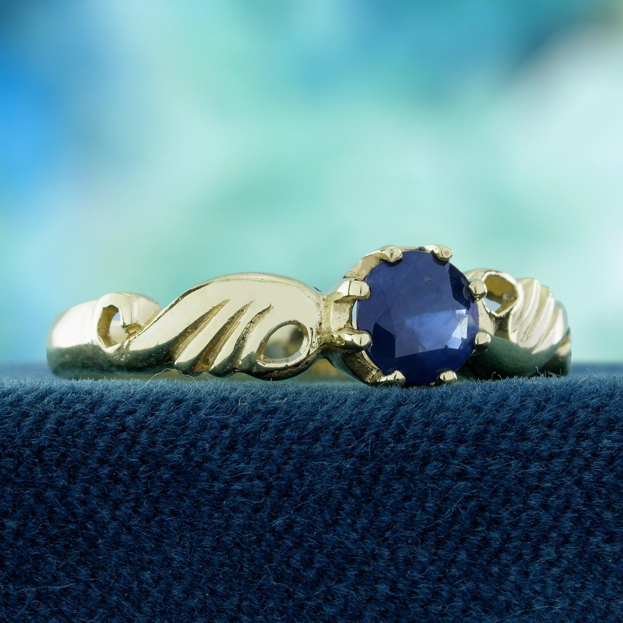 9K Gelbgold Natürlicher Blauer Saphir Vintage Style Curve Solitär Ring (Edwardian) im Angebot