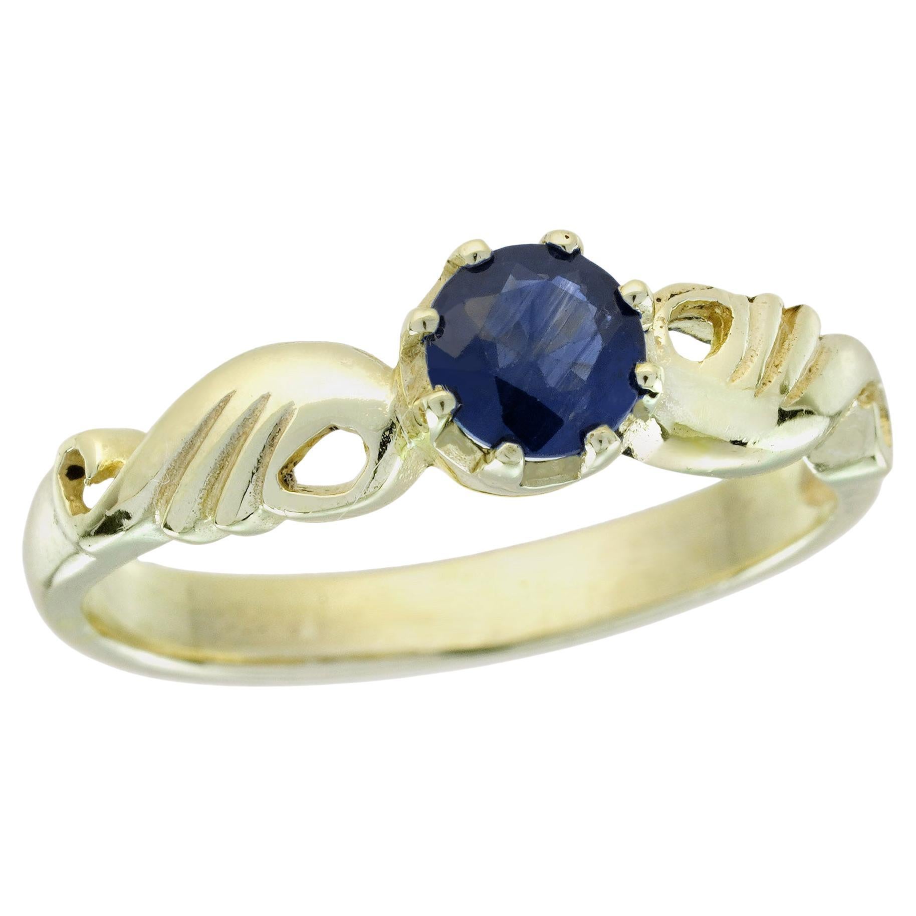 9K Gelbgold Natürlicher Blauer Saphir Vintage Style Curve Solitär Ring im Angebot
