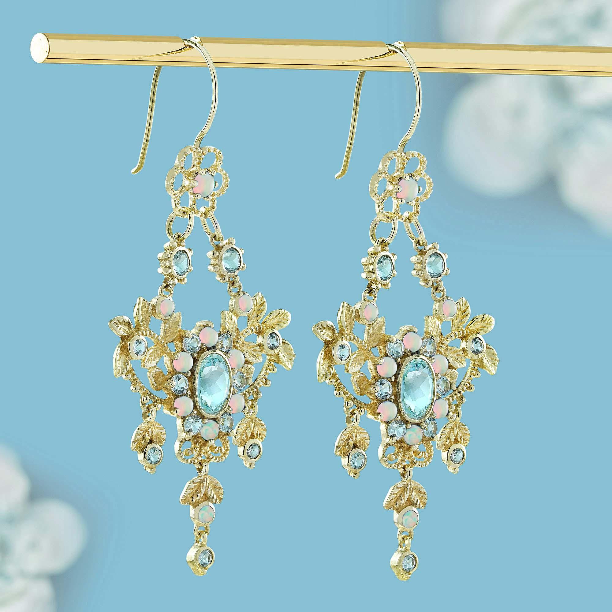 Pendientes araña estilo vintage de oro amarillo de 9 quilates con topacio azul natural y ópalo Eduardiano en venta