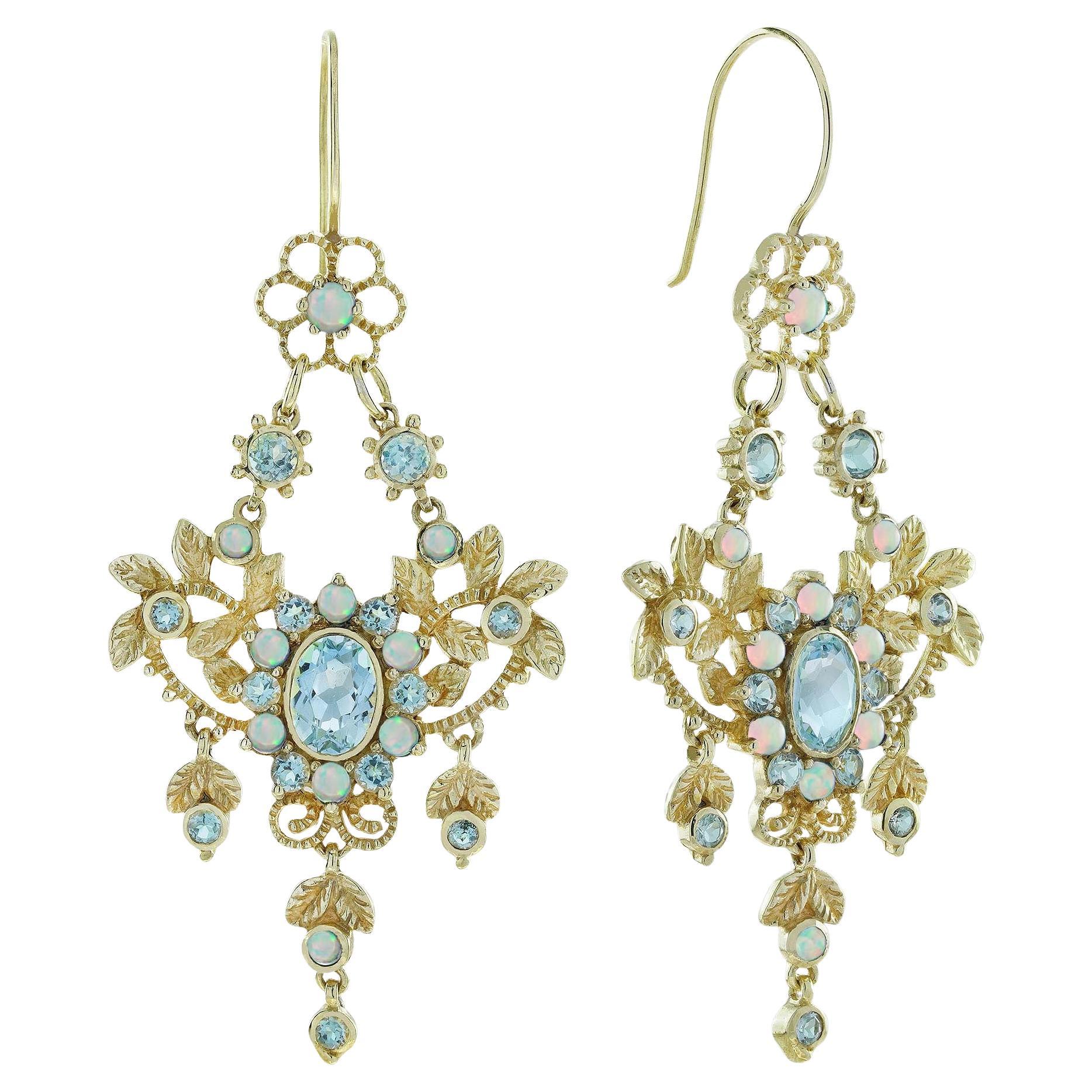 Pendientes araña estilo vintage de oro amarillo de 9 quilates con topacio azul natural y ópalo en venta