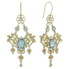 9K Yellow Gold Natural Blue Topaz and Opal Vintage Style Chandelier Earrings