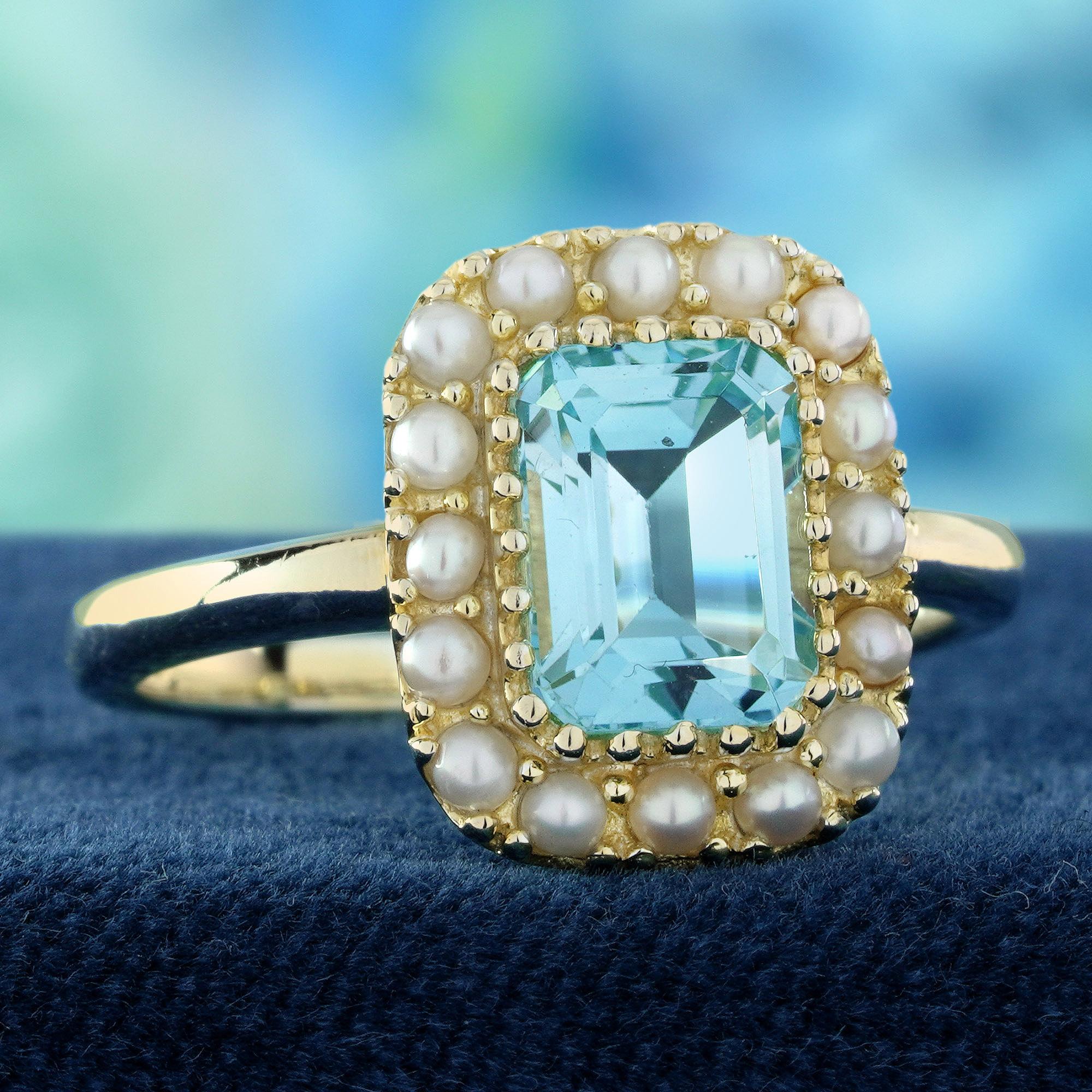 Édouardien Bague de style vintage en or jaune 9K avec topaze bleue naturelle et halo de perles en vente